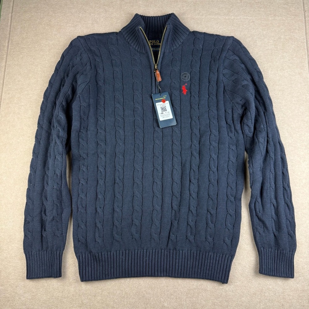 Polo Ralph Lauren Sweater Mens M Custom Slim Fit Dark Blue Cable Knit 1/4 Zip
